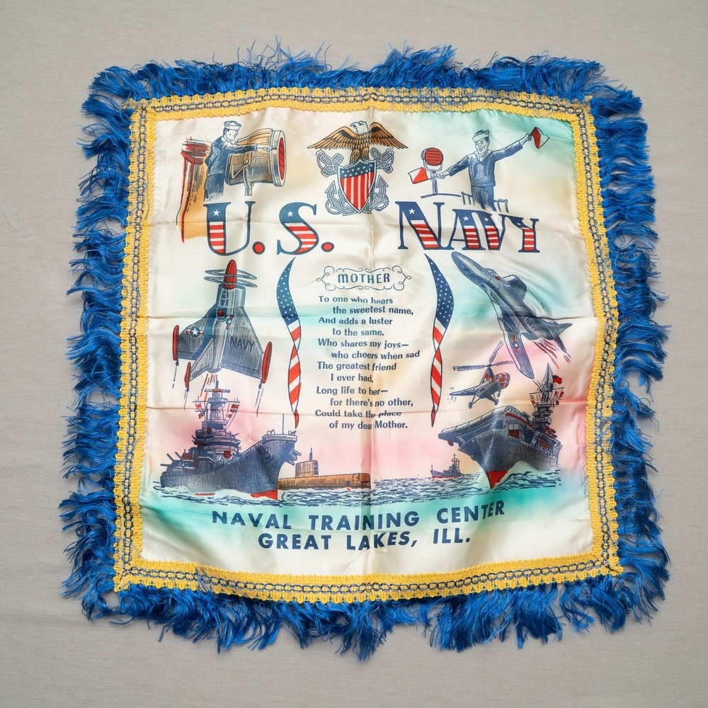 Vintage 1940s Souvenir‎ United States Navy Mother Silk Souvenir Pillow Case Sham